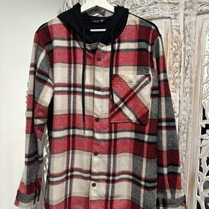 Red and Black Plaid Button-Up Hoodie